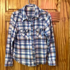 Blue and White Plaid Snap Up Shirt fringes western style